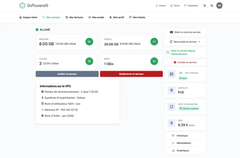 Le panel de gestion d'OnPowered